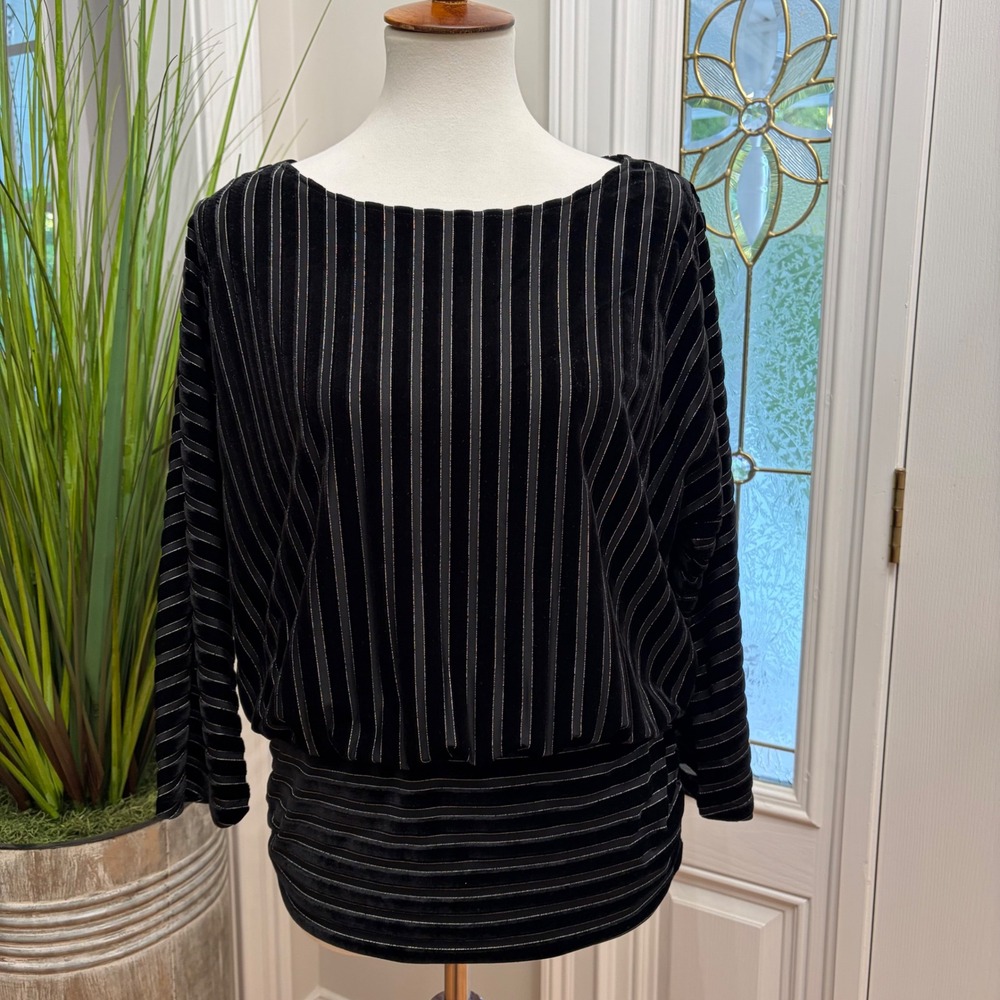 Chicos Velvet Metallic Stripe Dolman Blouse Black Silver Boat Neck Top Medium